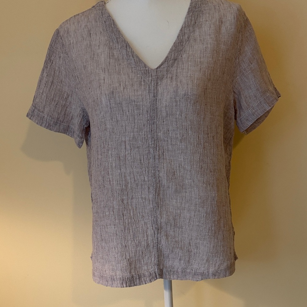 Tahari Short Sleeve V-Neck LinenTop - Tan/Beige Sz S